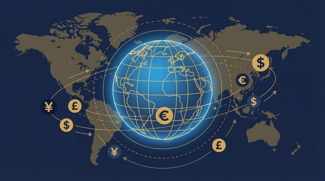 A digital illustration of a globe surrounded by currency symbols, representing global finance and international trade.