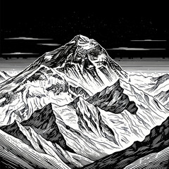Majestic Snow-Capped Mountain Peak Under Starry Night Sky, Epic Landscape Illustration