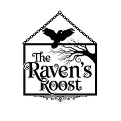 The Raven's Roost sign with silhouette bird and tree, vintage style