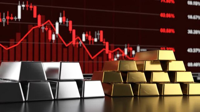 A video showcasing gold and silver bars with a stock market graph in the background, symbolizing financial growth and investment opportunities.