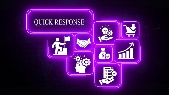 Neon purple infographic with icons for quick response and efficiency on a dark digital background Keywords: infographic, neon, purple, icons, quick, response, efficiency, business, digital