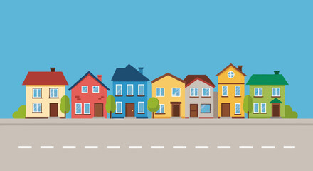 Colorful row of modern houses in suburban neighborhood