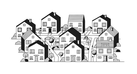 Modern neighborhood with houses and trees in black and white
