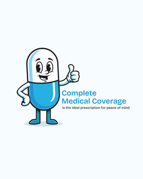 Complete Medical Coverage Concept with Friendly Pill Mascot Illustration