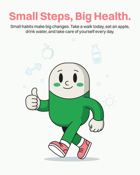 Cute Walking Pill Character Promoting Healthy Habits and Wellness Vector Illustration
