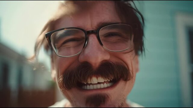 Happy Man with Glasses Laughing in Close-Up Portrait
