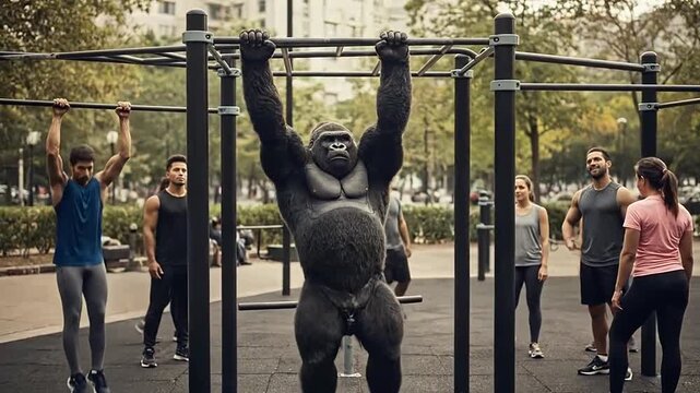 Giant gorilla doing pull-ups at outdoor calisthenics park with people