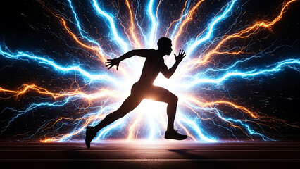 Silhouette of Runner with Electric Lightning Energy Background for Speed and Performance