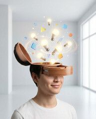 Man with open head filled with glowing lightbulbs and colorful shapes