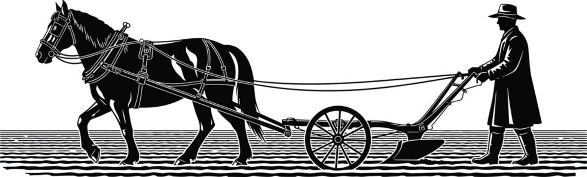 Traditional horse drawn plough farming illustration with farmer cultivating field vintage rural agriculture black silhouette scene manual cultivation artwork