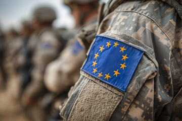 Obraz premium Military personnel showcase European Union flag on uniforms during a training exercise in a NATO joint operation in Germany, highlighting the collaboration within European defense forces