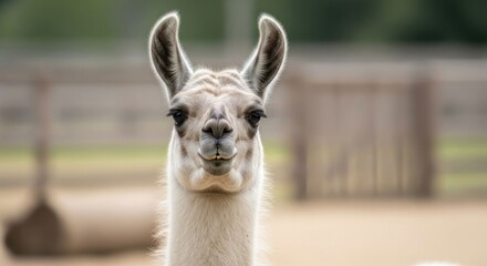 Obraz premium Close-up of a llama looking directly at the camera with a blurred background