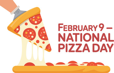 National pizza day illustration showing a pepperoni slice being lifted with melting cheese isolated on white background