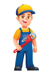 Fototapeta premium Young plumber boy in blue overalls holding a large red pipe wrench. Vector cartoon character illustration