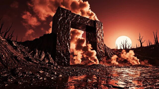 apocalyptic portal sunset, hellscape, dark fantasy, red sky, smoke
