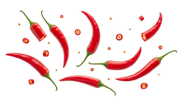 Vibrant red chili peppers and slices flying in air isolated on transparent background