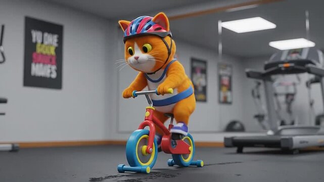 Happy cartoon cat riding a bicycle with helmet in gym