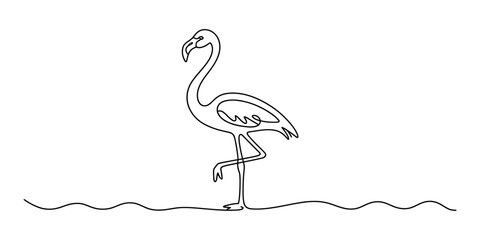 One line art drawing of a flamingo standing on one leg on a white background © Badhon_Designer