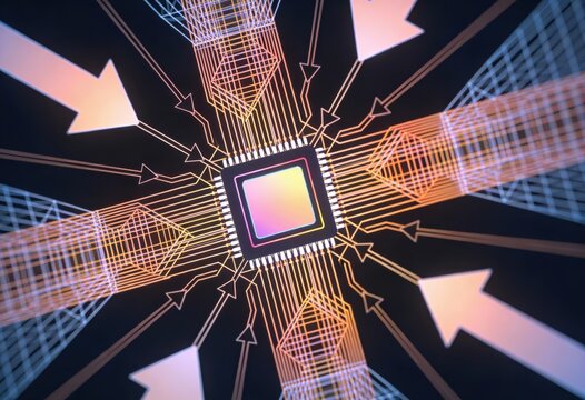 Futuristic circuit design with digital connections illustrating technology innovation and data flow towards a centralized microprocessor embodying modern computational advancements