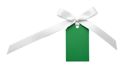Fototapeta premium Green gift tag with white ribbon bow isolated on transparent background