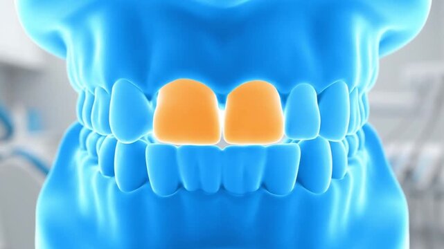3D rendering of a human jaw model with two highlighted central incisors.