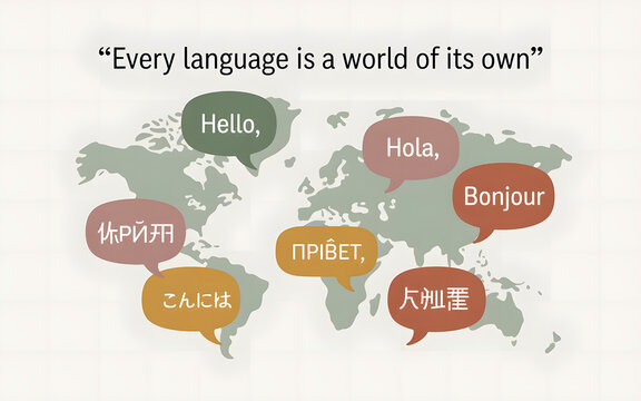 International Mother Language Day Concept with World Map and Multilingual Speech Bubbles