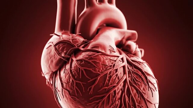 Detailed three dimensional medical illustration prominently features the human heart organ showcasing its complex structure and vital circulatory system components against a deep red background.