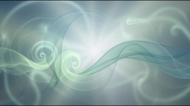 Smoke ribbons forming smooth S shaped waves with translucent teal and mint mist layered in an elegant abstract pattern under soft cinematic lighting and airy motion