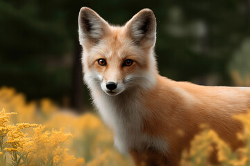 Fototapeta premium Red fox goldenrod field wild animal nature fur alert forest yellow flower autumn mammal outdoors wildlife orange ear eye standing looking natural