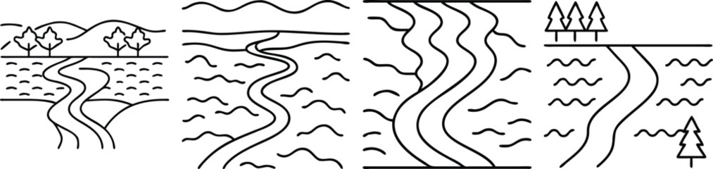 Geological formation and water flow diagram illustrating erosion and deposition processes in various landscapes