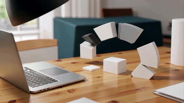 3D render of white cubes floating above a wooden desk with a silver laptop, for business or technology concept, office background 4K Video
