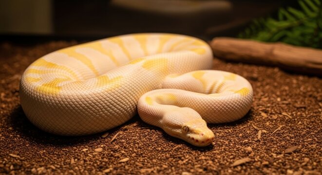 Creamy-yellow snake coiled in enclosure, showcasing intricate skin pattern