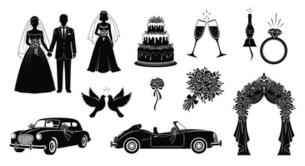 Wedding icons including couple car cake flowers ring and champagne © Tuli