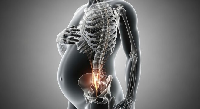 Digital illustration of a pregnant human with highlighted skeletal structure