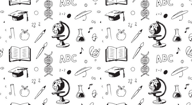 Seamless pattern of education related objects like books globes DNA and caps for school theme background