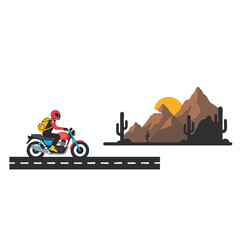 Motorcyclist Riding on Desert Road at Sunset