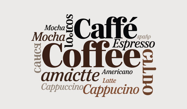 Coffee beverage word cloud typography with various coffee types and names in different fonts and sizes