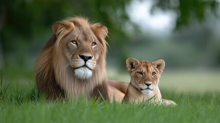 Obraz premium Majestic adult lion and playful cub resting together on green grass, serene wildlife scene in natural habitat
