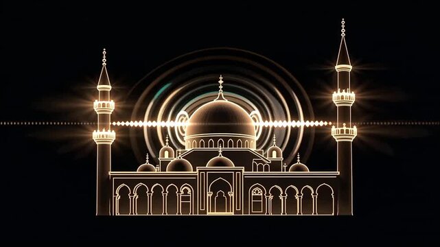 Golden mosque illustration with glowing lights, Islamic architecture design, for banner or poster 4K Video