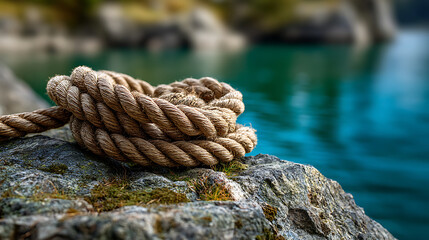 Fototapeta premium Coiled Natural Jute Rope on Weathered Stone by Clear Blue River - Outdoor Rustic Texture Background for Nautical, Adventure, and Eco-Friendly Designs