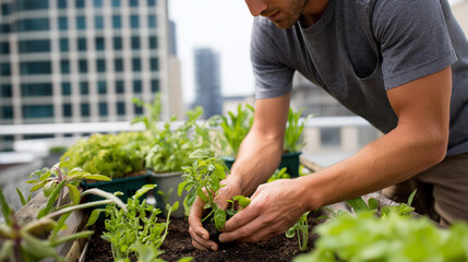Fototapeta premium Urban agriculture or rooftop farming with faceless person engaged in cultivating crops in urban setting, sustainable food production, defocused plants, with copy space