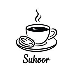 A black and white illustration of coffee with a date and the word suhoor