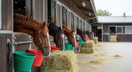 Horses eat hay in stalls at a stable, with buckets and open doors