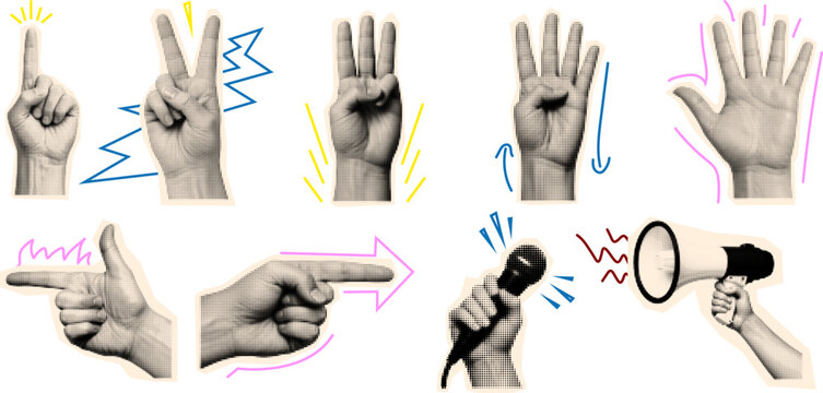 Pop art halftone sticker set showing expressive hand gestures counting pointing holding microphone and megaphone with energetic accents retro collage