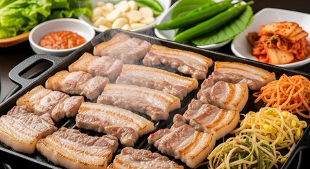 Traditional Korean BBQ pork belly (Samgyeopsal) sizzling on a grill pan with garlic, chili, kimchi, and seasoned soybean sprouts side dishes.