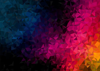 Obraz premium Dynamic geometric background with a low poly triangle mosaic, showcasing a vibrant gradient of blue, magenta, red, and orange colors for modern digital designs and artistic projects