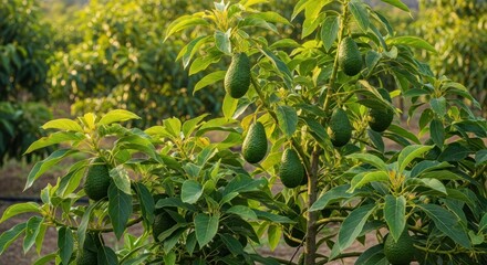 Lush avocado tree laden with fruit in an orchard, sunlit background