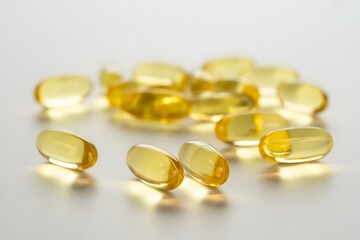 Glowing yellow capsules on white background for health and nutrition