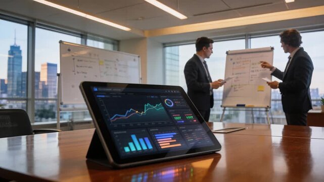 Two businesspeople presenting financial strategy flipchart and tablet with dashboard analytics office meeting presentation about