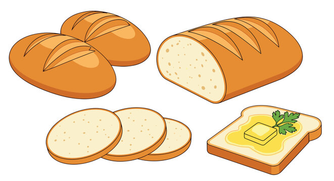 Assortment of fresh baked bread including whole loaves, round slices, and a piece of golden toast topped with melted butter and parsley.